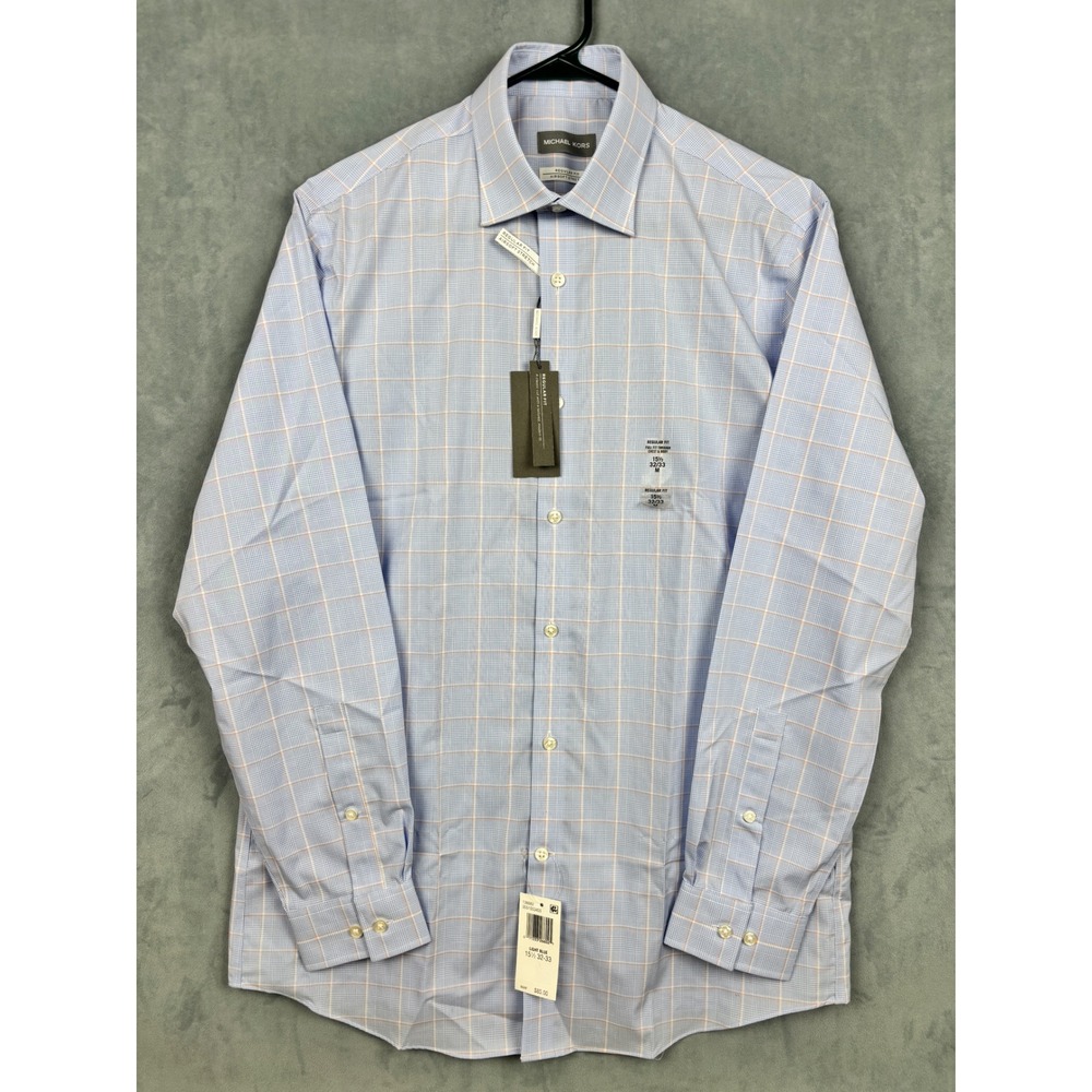 Michael Kors Mens Regular Fit Airsoft Stretch Dress Shirt Blue Orange Check 15.5